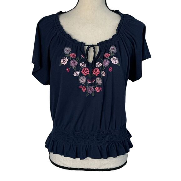 Aero Large Seriously Soft Top Keyhole Neck Flutter Sleeve Floral Embroidery Blue - Picture 1 of 8